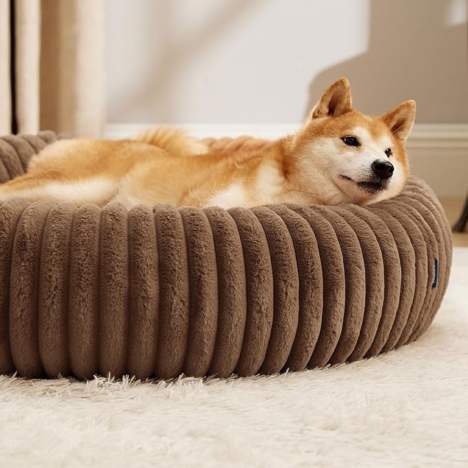 Bedsure Donut Large Dog Bed - Washable Faux Fur with Corduroy Fleece & Anti Slip Bottom, Round Pet