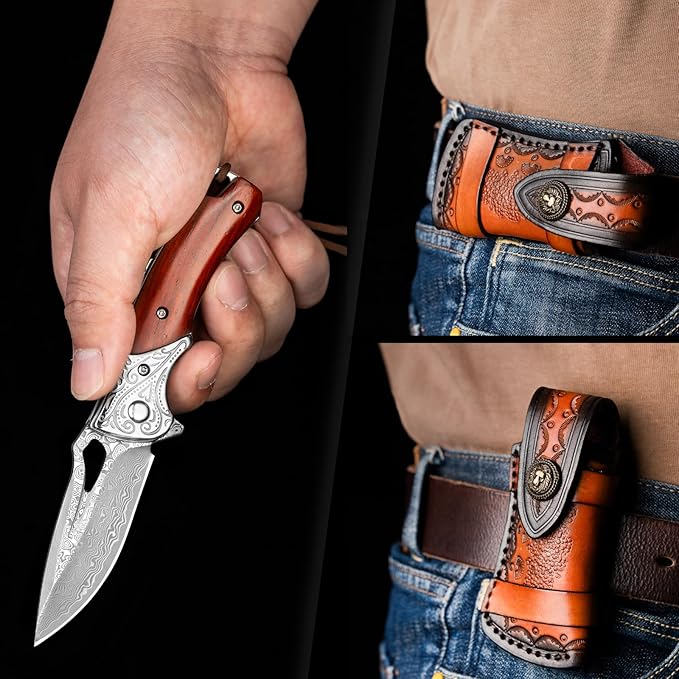NedFoss Heron Damascus Pocket Knife, 2.8" Handmade Forged VG10 Damascus Steel Blade, 6.5" EDC