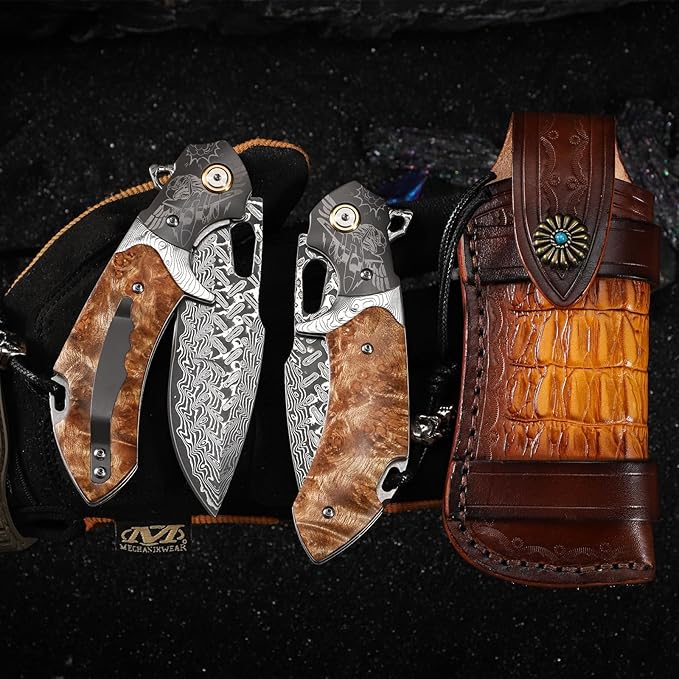 Damascus Steel Folding Pocket Knifeï¼?.6in Men's EDC knife，With leather sheath，pocket clip，Liner