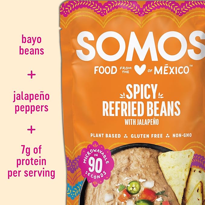 SOMOS Spicy Refried Beans - Gluten Free, Non-GMO, Vegan & Microwavable Meals Ready to Eat