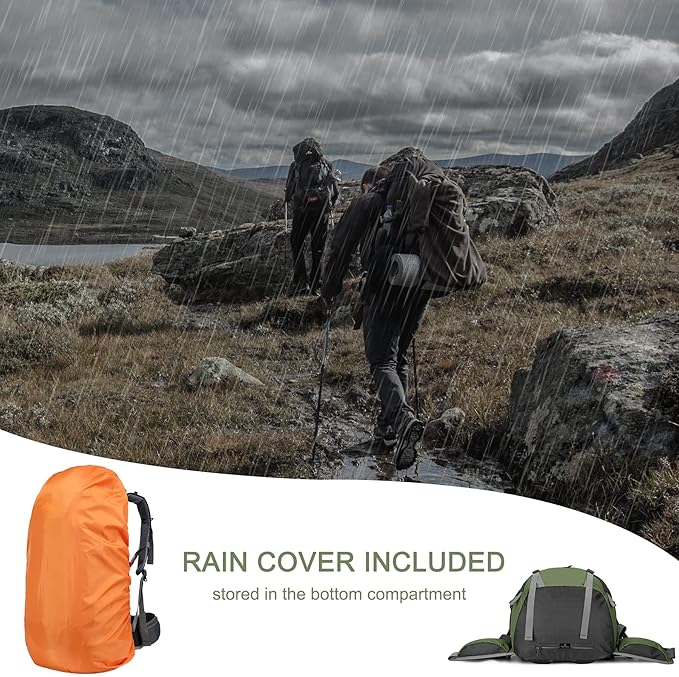 Loowoko 50L Hiking Backpack, Waterproof Camping Essentials Bag with Rain Cover, 45+5 Liter