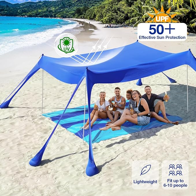 Rhino Valley Beach Tent Shade Canopy UPF50+ Protection, 8 Sandbags, 4 Stability Poles, Outdoor Sun