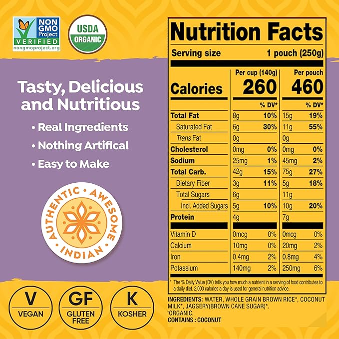 Tasty Bite Organic Coconut Rice, 8.8 Ounce, Pack of 6, Ready to Eat, Microwavable, Vegan