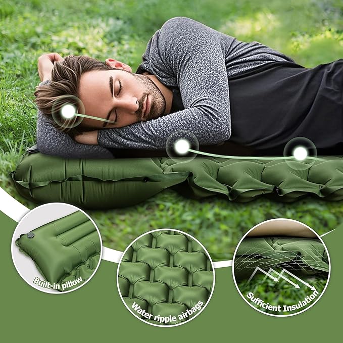 Sleeping Pad for Camping, Ultralight Inflatable Sleeping Mat with Pillow Built in Foot Pump