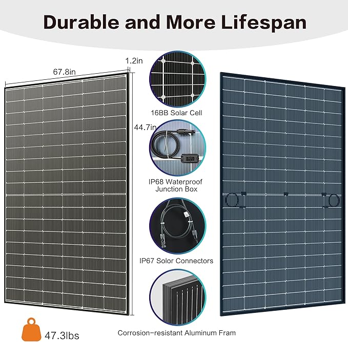 JJN Bifacial 400 Watt Solar Panel, N-Type 16BB 400W Solar Panels, 25% High Efficiency