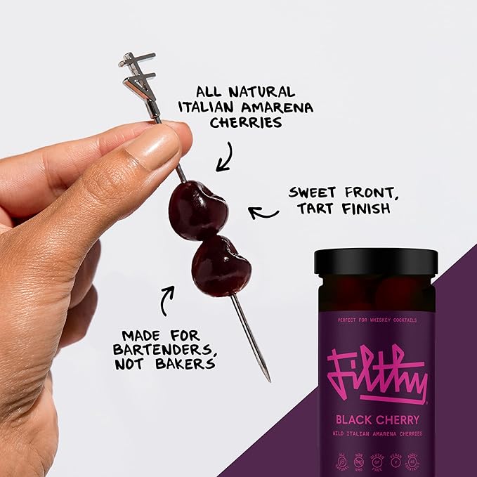 Filthy Cocktail Amarena Black Cherries, Premium Cocktail Garnish, All Natural Wild Italian Amarena