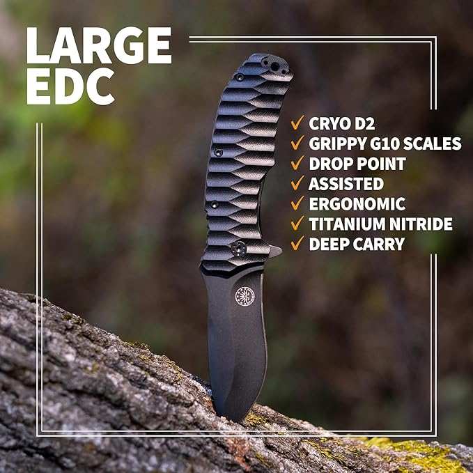Off-Grid Knives - Rapid Fire Blackout - Large Folding Knife for Camping & EDC, Cryogenic D2 Blade