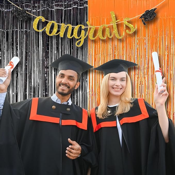 BRAVESHINE 1 Black 1 Orange Tinsel Photo Backdrop Curtains - 3.2x8.2ft Foil Fringe Streamer Curtain