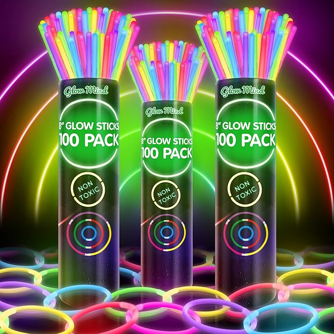300 Ultra Bright Glow Sticks Bulk - Halloween Glow in the Dark Party Supplies Pack - 8" Glowsticks