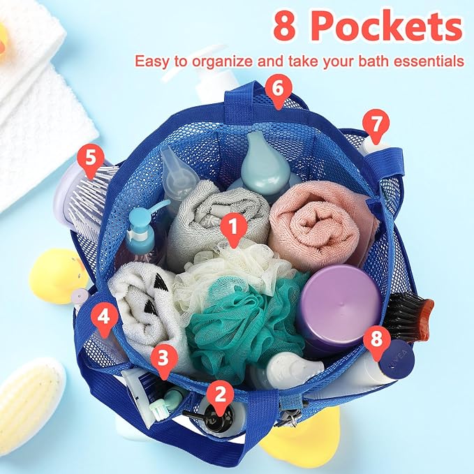 Mesh Shower Caddy Portable for College Dorm Room Essentials, 8-Pocket Large Shower Basket Tote Bag