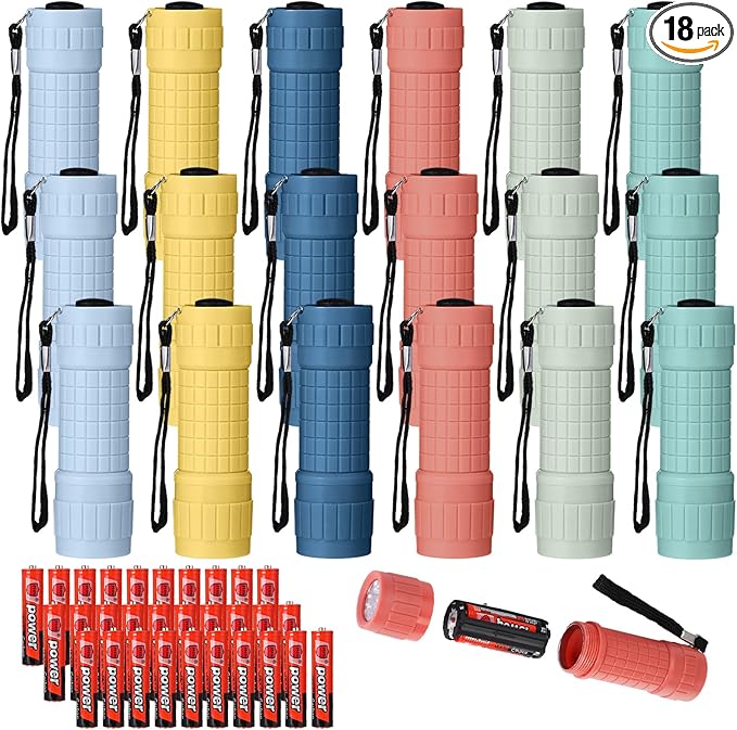 18 Pack 9 LED Small Mini Flashlight Set Plastic Handheld Flashlights with Lanyard, 3 AAA Batteries