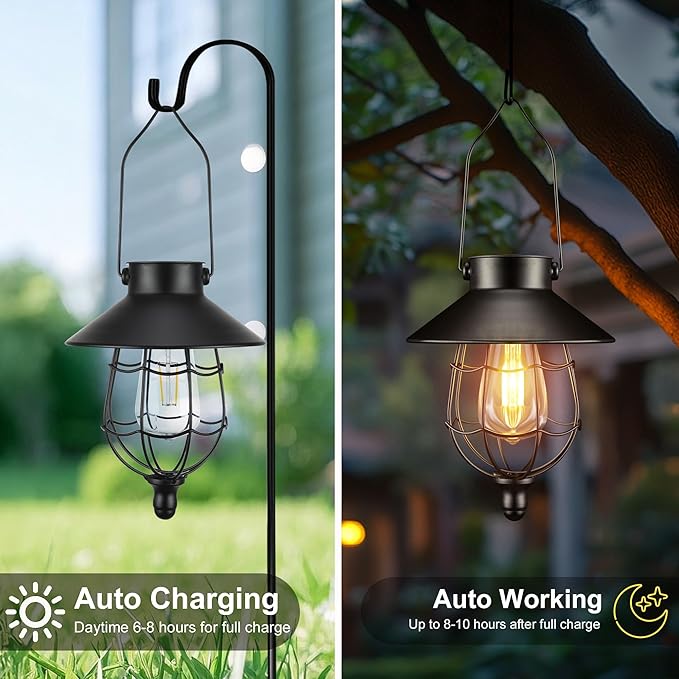 Solar Lanterns Outdoor Hanging Metal Vintage Lantern Warm White Solar Lights lamp Waterproof Edison