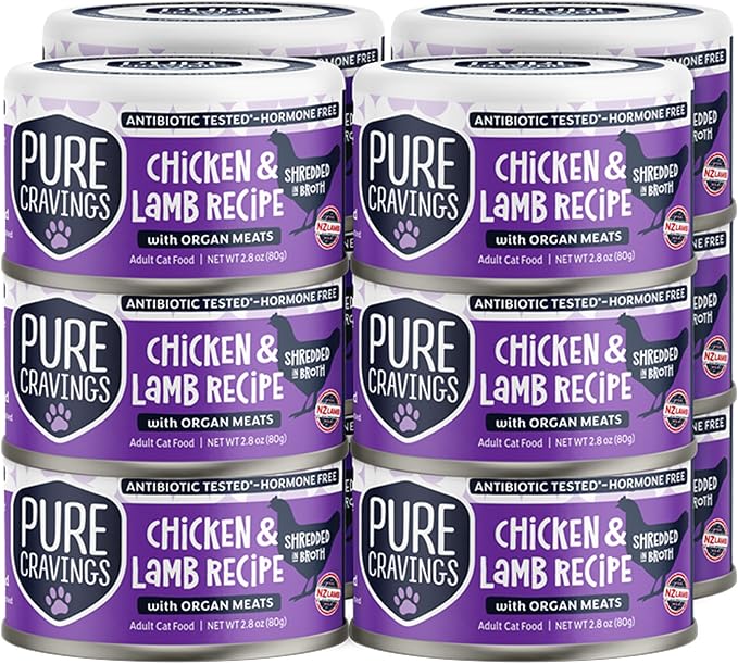 Pure Cravings Chicken and Lamb Recipe in Broth, Shredded Wet Cat Food, Grain-Free Protein, Non-GMO