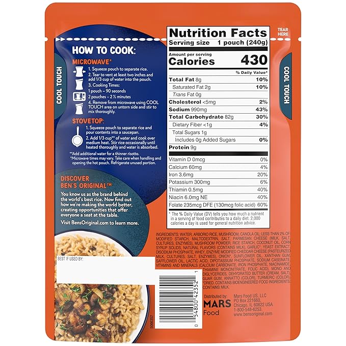 BEN'S ORIGINAL Risotto Creamy Mushroom Flavored Rice, Easy Dinner Side, 8.5 oz Pouch (Pack of 12)
