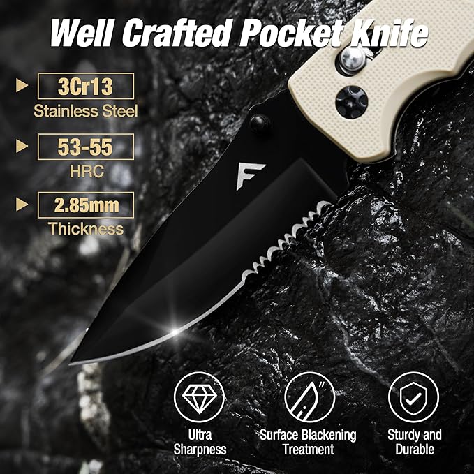 FLISSA Folding Pocket Knife with Clip, Glass Breaker and Seatbelt Cutter, Survival Knife for