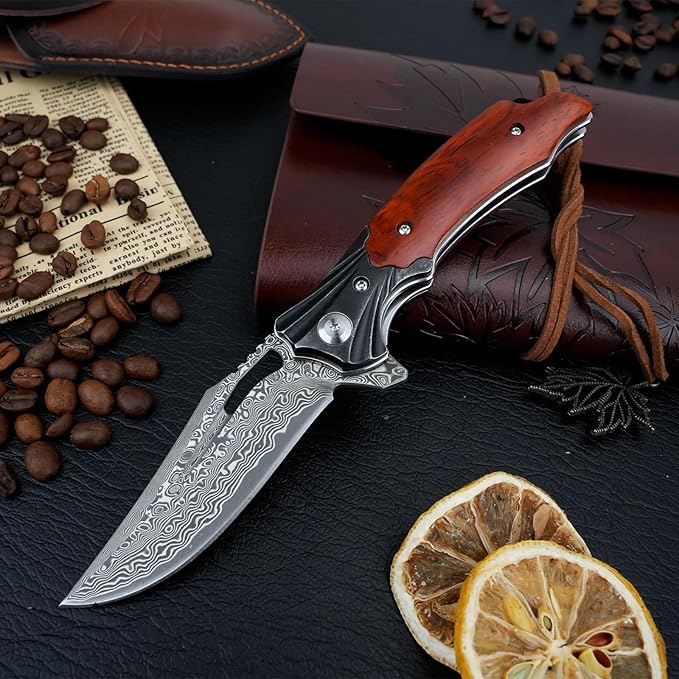 Damascus Pocket Knife for Men Women, Wood Handle Folding Knife with Sheath, 3.15" Damascus Steel