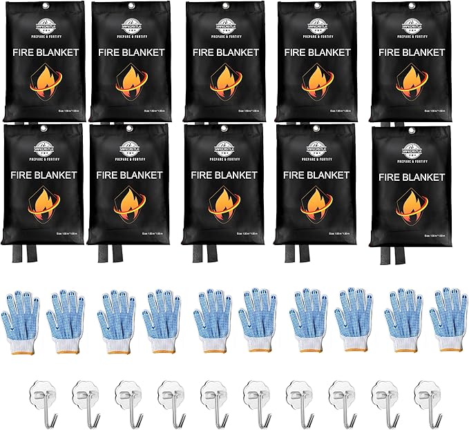 SAFECASTLE Emergency Fire Blanket 59"x59" Large Size 10 Pack + 10 Hooks & 10 Gloves Fire Retardant