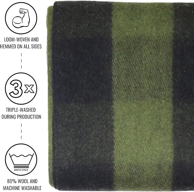 Arcturus Plaid Wool Blankets - 4.5lbs Warm, Heavy, Washable, Large | Great for Camping, Outdoors
