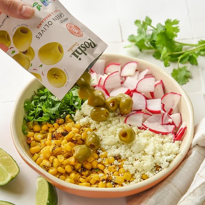 POSHI Green Pitted Olives - Chili & Oregano | Vegan, Kosher, Gluten Free + Keto Friendly, Fresh