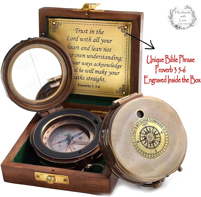 Trust in The Lord With All Your Heart - Proverbs 3:5-6 Quote Engraved Compass With Wooden Box