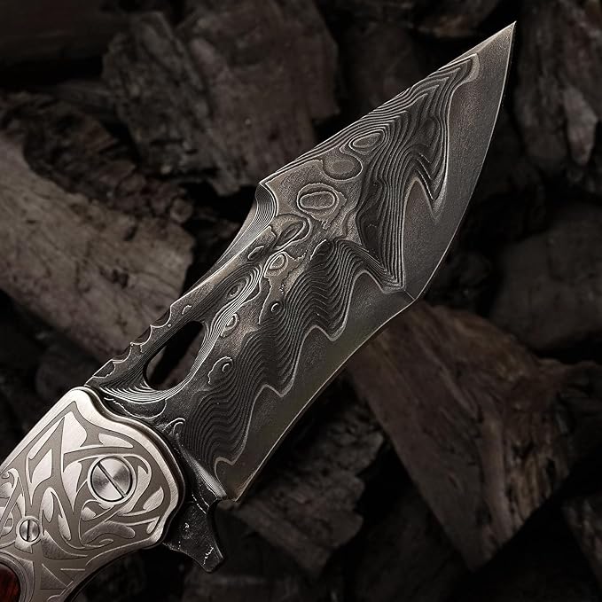 handmade damascus steel pocket folding knife, Snakewood handle with pocket clip and leather case
