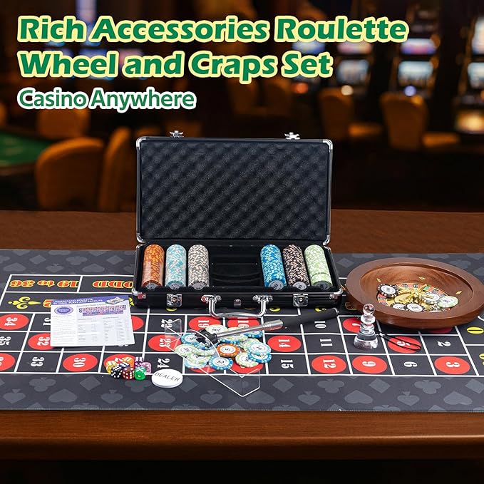 5 in 1 Super Pro Casino Game Set: Blackjack/Texas Hold'em/Roulette/Craps/Poker Kit, 10" Wooden