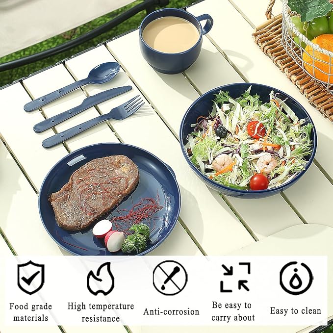 Evanda Camping Mess Kit with Bowl, Plate, Cup, Spoon, Fork, Knife and Carry Bag, Reusable Camping