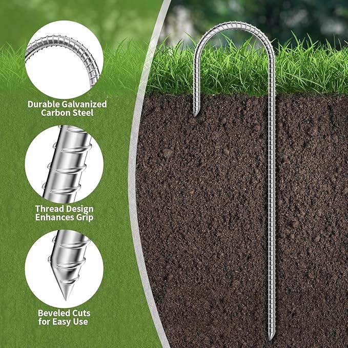 12 Inch Tent Stakes - Durable Galvanized Carbon Steel Trampoline Stakes, Garden Stakes with Thread