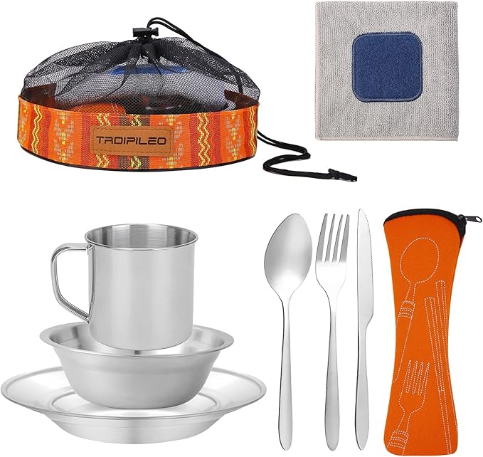 Stainless Steel Camping Cutlery Set - 8 Piece, Includes Spoons, Mugs, Bowls, Plates, Rags &