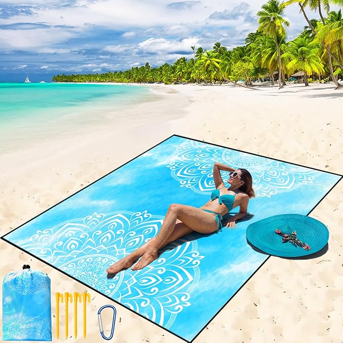 Beach Blanket Waterproof Sandproof Beach Mat 79" X 83"/10'x9'for 2-8 Adults Quick Drying Outdoor