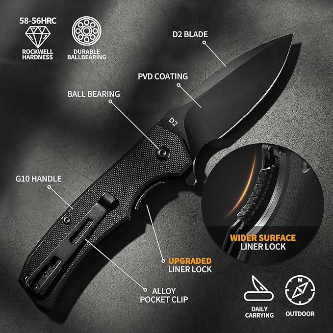 Praxis Pocket Knife, 2.9" D2 Steel Folding Knife with G10 Handle PVD Titanium Coating Blade