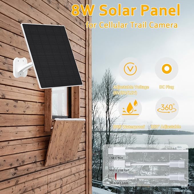 Zivif 8W Solar Panel for Security Cameras, Solar Panel Charger Camera with USB-C Cable, DC