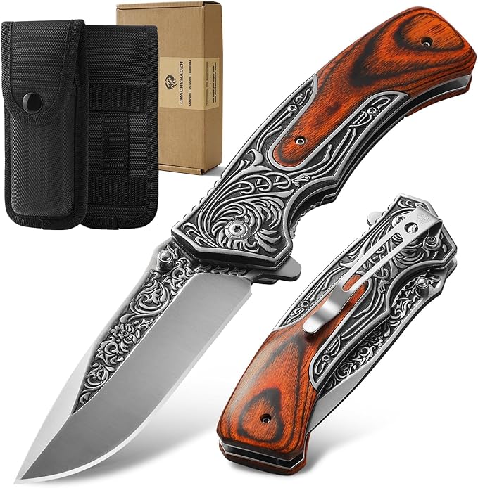 Pocket Knife for Men, 8.7" Folding Knife, 440 Stainless Steel Blade, 0.19lb, Wood Handle with 3D