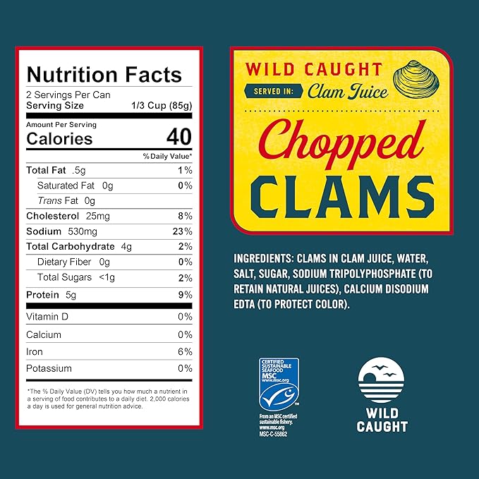 Snow's Wild Caught Chopped Clams Canned, 6.5 oz Can - 5g Protein Per Serving - Gluten Free, Keto