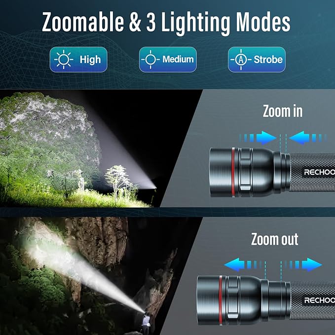 Rechargeable Flashlights High Lumens, G1000 Super Bright Flash Light Grey, Small Zoomable LED