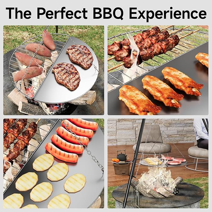 Campfire Tripod for Cooking, Campfire Cooking Equipment, Round Grill Grate with Adjustable Height