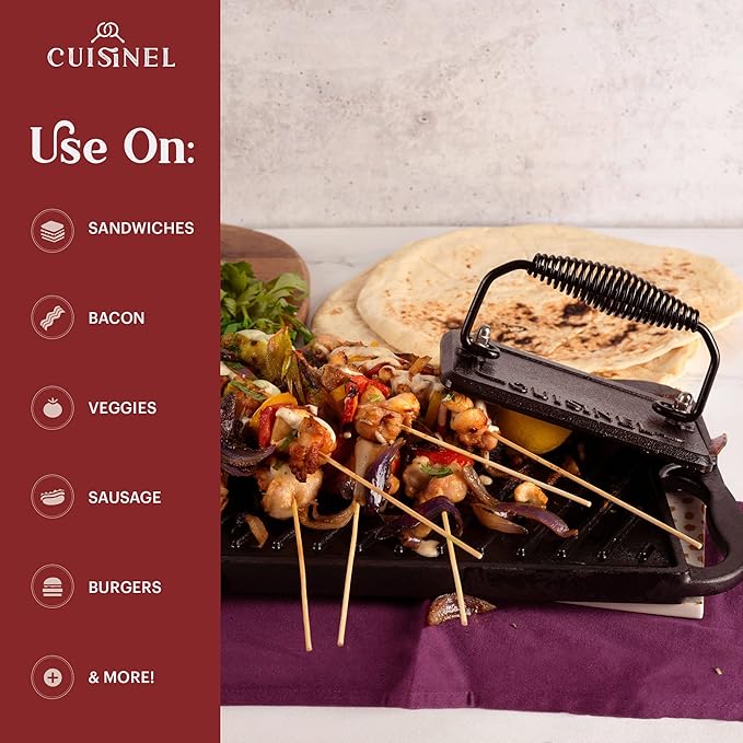 Cuisinel Cast Iron Grill Pan + Rectangular Cast Iron Grill Press + Tempered Glass Lid + Pan Scraper