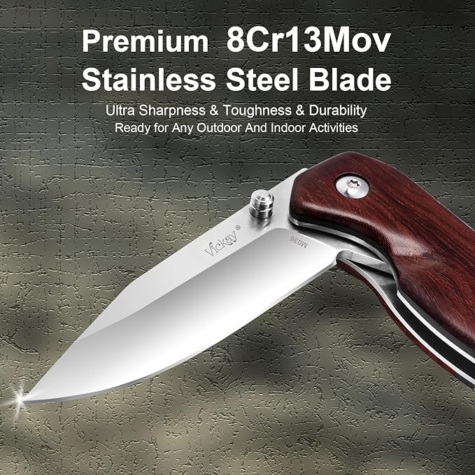 Vickay Pocket Knife for Men, Folding Knife for Women with Clip, 2.9inch 8Cr13MoV Steel Blade, Wood