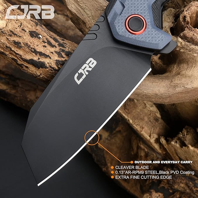 CJRB Tigris Tactical Knife, Pocket Knife with AR-RPM9 Powder Steel Black PVD Blade Black & Blue G10