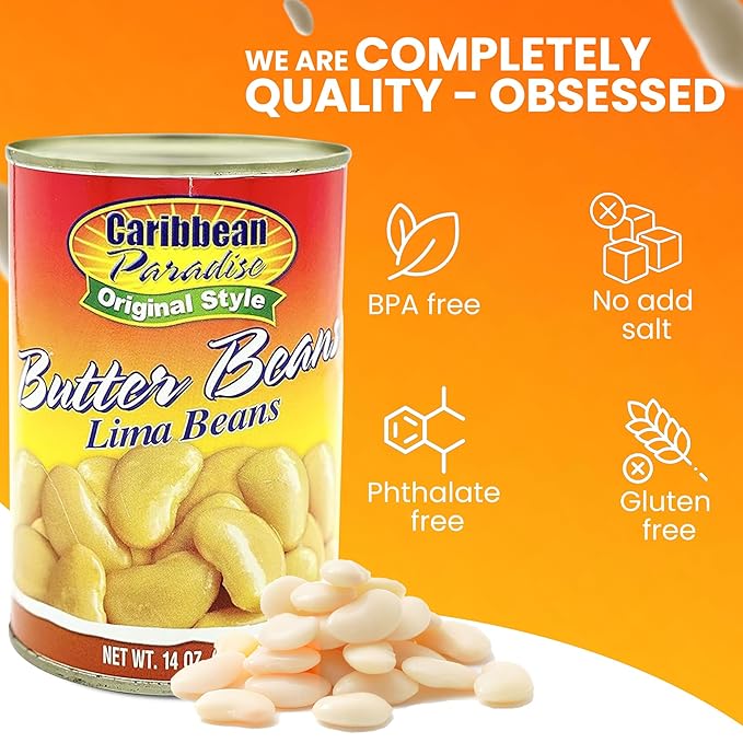 Caribbean Paradise Butter Beans, Canned Lima Beans 14 Oz (Pack of 4)