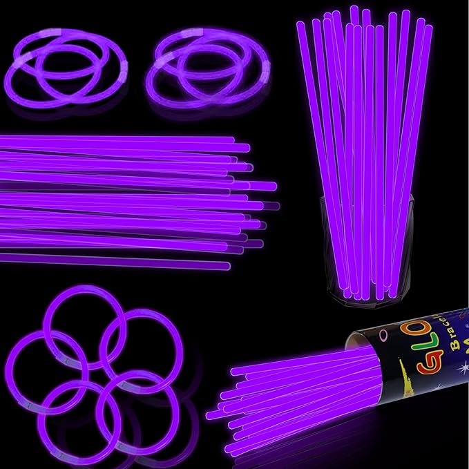 100 pk 8" Purple Glow Sticks Bulk Party Favors, Light up Glow Necklaces & Bracelets in the Dark