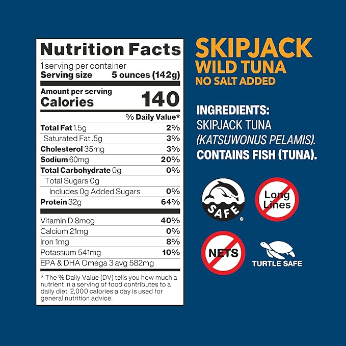 Wild Planet Skipjack Wild Tuna, No Salt Added, Canned Tuna, Sustainably Wild-Caught, Pole & Line