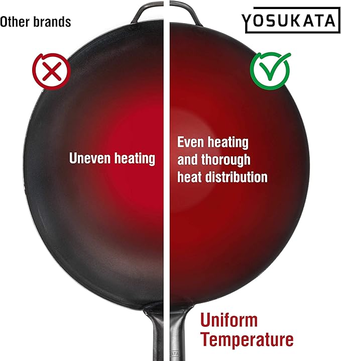 YOSUKATA 13.5" Carbon Steel Wok Pan – Pre-Seasoned Flat Bottom Pow Wok for Stir Fry, BBQ, Grill &
