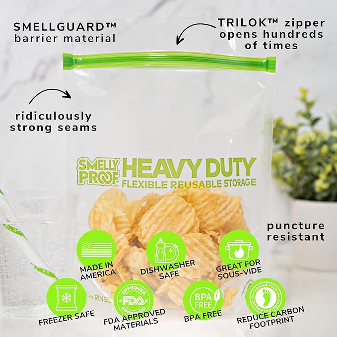 HEAVY DUTY Reusable STAND-UP Bags for Food Storage by Smelly Proof, USA Made, NO PEVA & BPA FREE