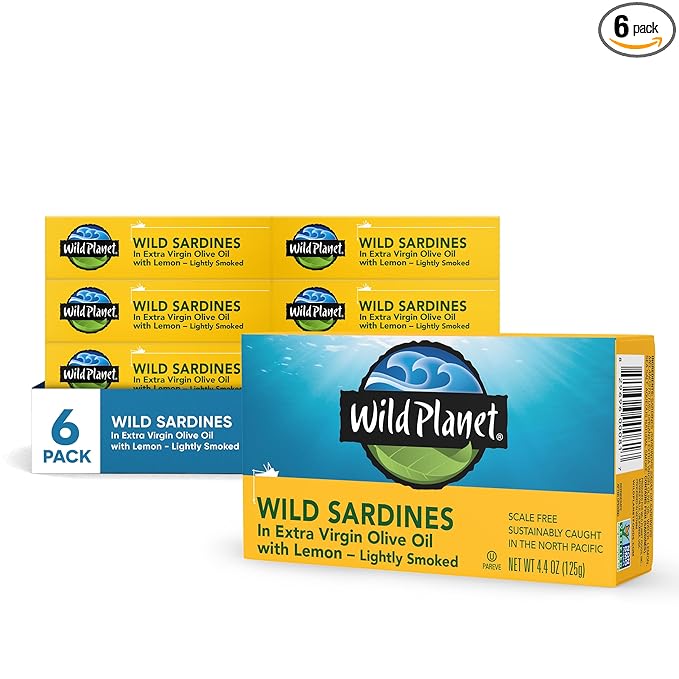 Wild Planet Sardines in Lemon, Nutritional Powerhouses Packed with Flavor, 4.4oz Cans, 6Count