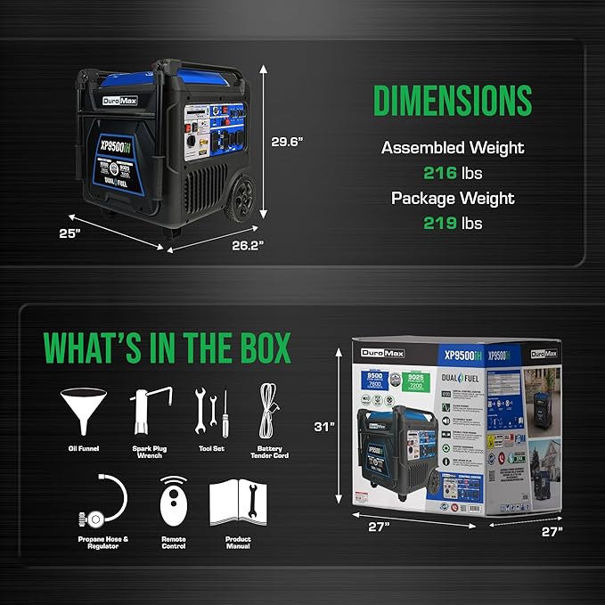 DuroMax XP9500iH 9,500-Watt Dual Fuel Portable Digital Inverter Generator - Gas & Propane, Remote
