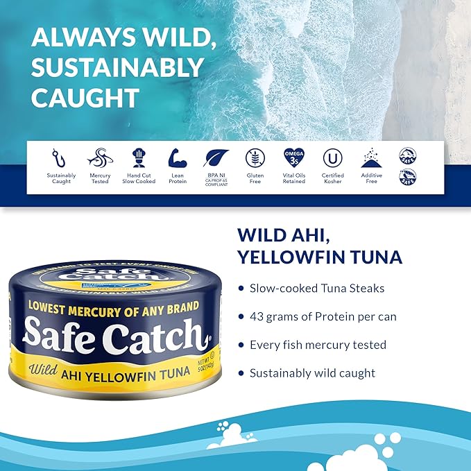 Safe Catch Wild Ahi Yellowfin Tuna Fish Canned, Wild Caught, Lowest Mercury, Lean Protein, Omega 3