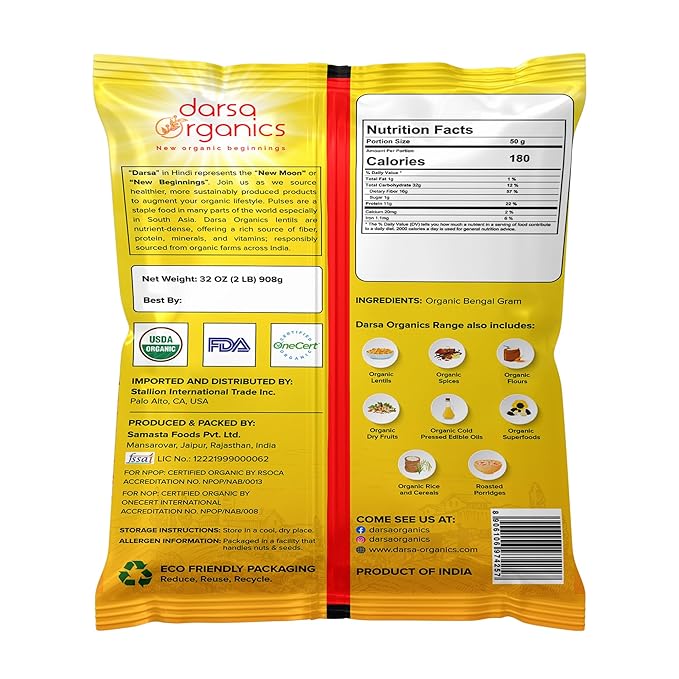 Darsa Organics Chana Dal 2 lb ??USDA Organic Split Bengal Gram (Yellow Chickpeas), Non-GMO