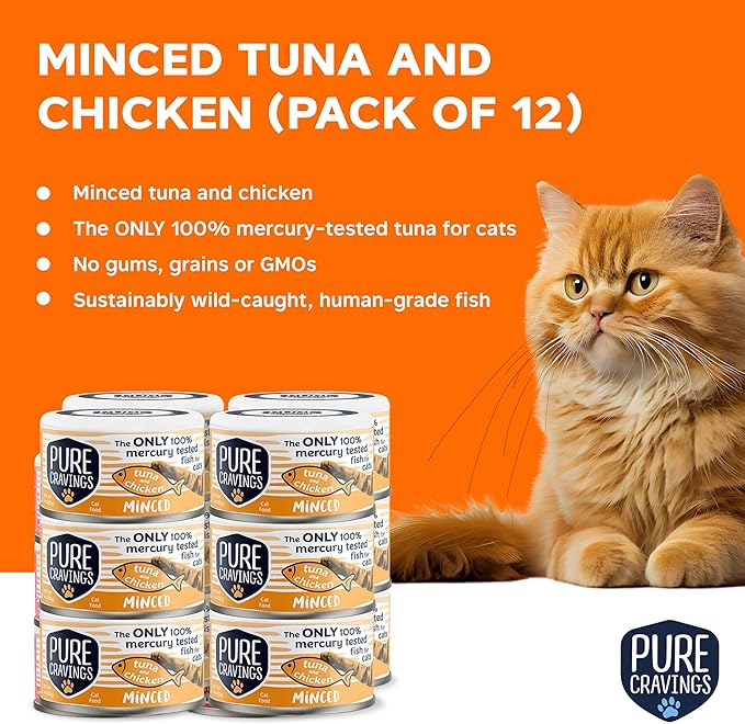 Pure Cravings Minced Tuna and Chicken Wet Canned Cat Food, 100% Mercury-Tested, Moist Can Fish for