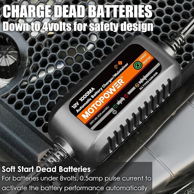 MOTOPOWER MP00205B 12V 1000mA Automatic Battery Charger, Battery Maintainer, Trickle Charger, and